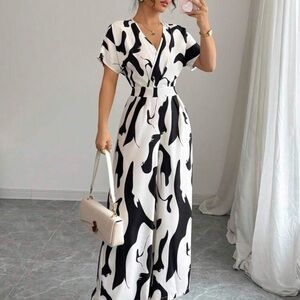 Black and White V-Neck Wrap Maxi Dress